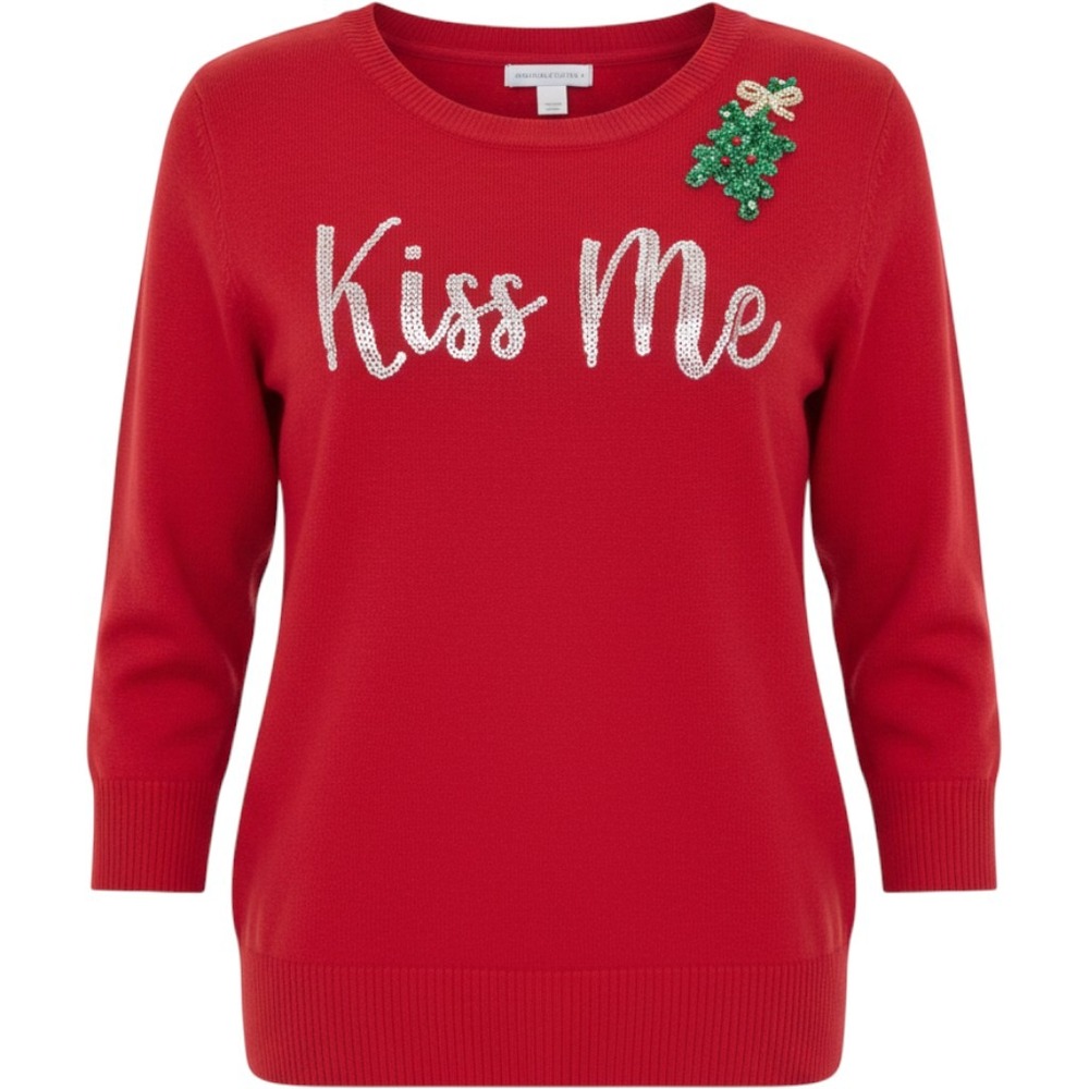 NY&Co Kiss Me Ugly Christmas Sweater Women‎ XS Red Holiday Sequin Mistletoe Glam